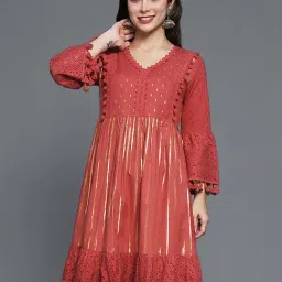 Ishin Maroon Cotton Striped A-Line Dress-image-71