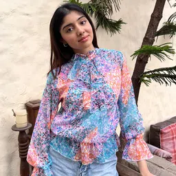 Stylecast X Hersheinbox Abstract Print Bell Sleeves Ruffled Detail Blouson Top-image-98