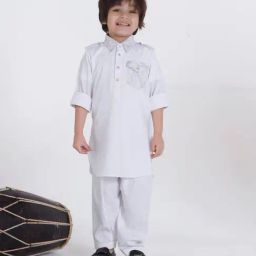 Ministitch Boys Off White Cotton Silk Printed Kurta Set-image-24