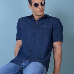 Crimsoune Club Blue Cotton Slim Fit Solid Denim Shirt-picture-5