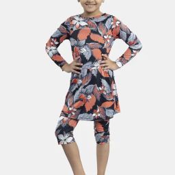 Kiddopanti Kids Black & Peach Floral Print Full Sleeves Swim Dress-image-39
