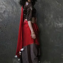 Chidiyaa Red & Brown Block Printed Modal Silk Saree image 3