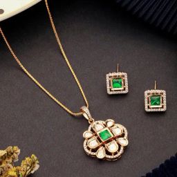 Saraf RS Jewellery Green Statement Kundan Studded Designer Locket Pendant & Earring Set-picture-45