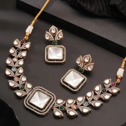Saraf RS Jewellery Multi Statement Polki Kundan Studded Leafy Minimal Necklace & Earring Set-picture-33