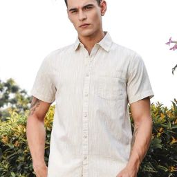 Thomas Scott Light Beige Linen Slim Fit Shirt-image-84