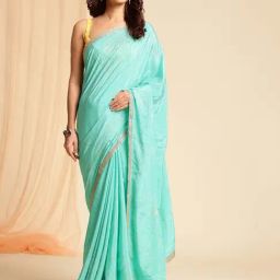 navyasa by liva Blue Printed Saree With Unstitched Blouse-picture-31