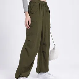 glitchez Women Crinkled Glam Loose Fit Cargo-Style Parachute Trousers-image-44