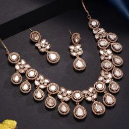 Saraf RS Jewellery Multi Statement Polki Kundan Studded Bridal Floral Necklace & Earring Set-picture-44