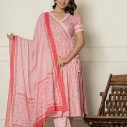 Krati Creations Women Floral Printed Angrakha Pure Cotton Kurta with Trousers & With Dupatta-picture-14