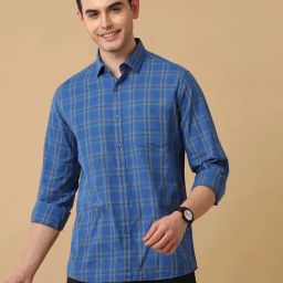 CAVALLO by Linen Club Blue Contemporary Fit Check Shirt-17