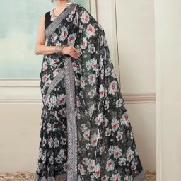 Satrani Black Floral Print Saree With Unstitched Blouse-image-17