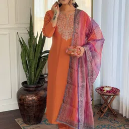 KALINI Women Floral Yoke Design Regular Thread Work Kurta with Trousers & With Dupatta-12