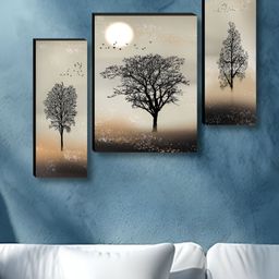 SAF Black & Beige 3 Pieces Tree & Sun Printed Wooden Wall Art-image-97