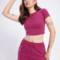 glitchez Cotton Terry Washed Crop Fitted T-shirt With Trousers-picture-53