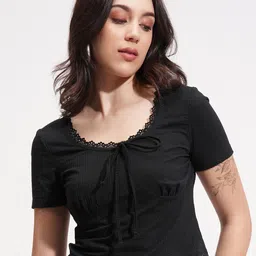Tokyo Talkies Women Self Design Tie-Up Neck Fitted Crop Top-image-38