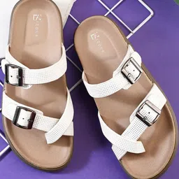 BIZORA Women White & Tan Open Toe Synthetic Leather Flats-picture-16