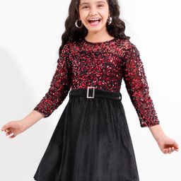 Hola Bonita Full Sleeves Knee Length Velvet & Sequinned Party Dress- Red-picture-13