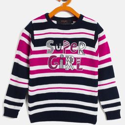 RVK Full Sleeves Striped Pattern & Super Girl Text Embroidered Cotton Pullover Sweater - Navy Blue-picture-26