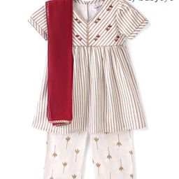 Babyoye Cotton Woven Half Sleeves Striped Kurta & Pallazo Set with DupattaFloral Print - Offwhite & Gold-picture-18