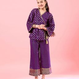 Pspeaches Three Fourth Sleeves Floral Foil Printed Top With Pant- Wine-picture-24