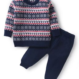Babyhug Knit Full Sleeves Pullover Sweater & Pant Set Intarsia Design - Navy Blue-image-100