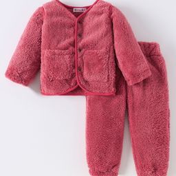 Kookie Kids Full Sleeves Front Open Solid Color Winter Wear Night Suit - Pink-image-43