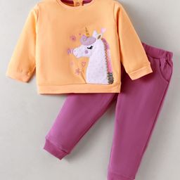 ToffyHouse Cotton Knit Full Sleeves Unicorn Patch Sweatshirt & Solid Color Joggers Set - Plum & Orange-image-28