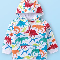 Babyhug Cotton Knit Full Sleeves Hooded Sweatshirt with Dino Print & Kangaroo Pockets - White-image-40