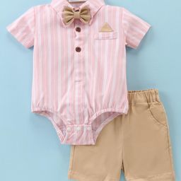 Mark & Mia Half Sleeves Striped Party Onesie with Shorts & Bow - Pink-image-55