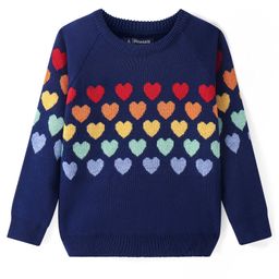 Pine Kids Knitted Full Raglan Sleeves Pullover Sweater with Hearts Design - Navy Blue-image-79