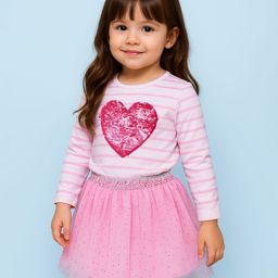 Babyhug Single Jersey Full Sleeves Top with Reverseble Sequinned Heart & Mid Thigh Length Skirt - Pink-image-63