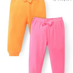 Babyoye 100% Cotton Knit Full Length Eco Conscious Solid Dyed Leggings with Bow Applique Pack of 2 - Orange & Pink-image-68