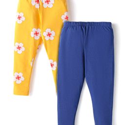 Babyhug Cotton Lycra Knit Full Length Leggings With Floral Print Pack of 2 - Blue & Yellow-image-55