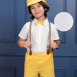 Mark & Mia Cotton Half Sleeves Solid Party Shirt & Shorts Set with Suspender Bow & Cap - White & Yellow-image-50