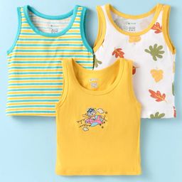 OHMS Single Jersey Knit Sleeveless Sando Vests With Airplane & Leaf Print Pack of 3 - Yellow White & Green-image-34