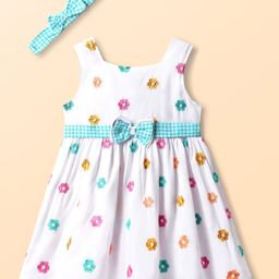 Babyhug Cotton Woven Sleeveless Frock With Floral Print & Headband - White-picture-16