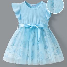 Mark & Mia Half Frill Sleeves Frock with Mesh & Floral Print - Light Blue-image-57