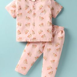 ToffyHouse Cotton Knit Half Sleeves Co-ords Front Open Night Suit with Bear Print - Dark Peach-image-48
