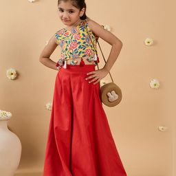 Pspeaches Cotton Sleeveless Floral Printed Top & Palazzo Set - Red-image-14