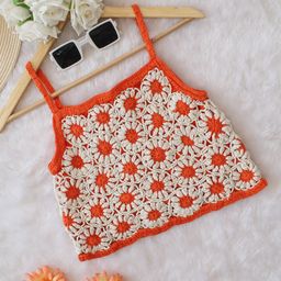 Woonie Cotton Sleeveless Floral Crochet Designed Crop Top - Orange-image-18