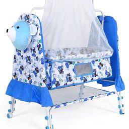 BUBBLEBABY Premium Baby Teddy Cradle With Mosquito Net All 360° Rotating Wheels With Wheel Lock Storage Basket - Blue-19