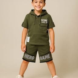 OLLINGTON ST. Cotton Half Sleeves Hoodie Score Level Text Printed T-Shirt & Knit Shorts - Olive Green-picture-15