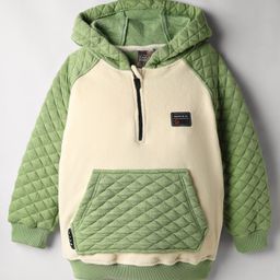 Little Kangaroos Cotton Blend Woven Full Raglan Sleeves Hooded Sweatshirt with Patch & Kangaroo Pockets - Green & Cream-picture-17