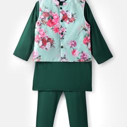 Babyhug Woven Full Sleeves Kurta Pajama Set With Printed Jacket - Green-image-98