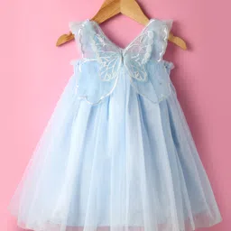 Babyhug Woven Sleeveless Party Dress With Butterfly Wings Corsage & Sequin Detailing - Light Blue-picture-14