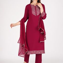 rf clothes Ethnic Motifs Printed Notch Neck Straight Kurta With Trousers & Dupatta-image-21