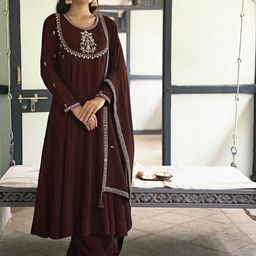 Colors of Earth Women Floral Yoke Design Regular Thread Work Kurta with Trousers & With Dupatta-image-59