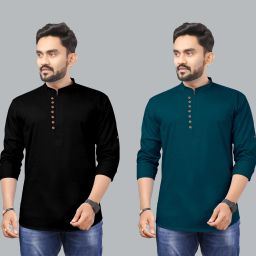 Pack of 2 Men Solid Pure Cotton Straight Kurta-image-2
