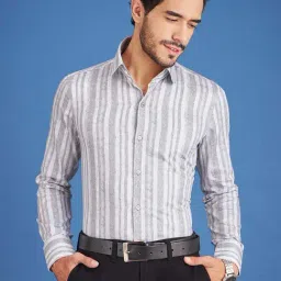 Louis Stitch White And Grey Cotton Regular Fit Striped Shirt-image-15