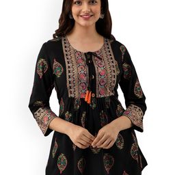 DMP FASHION Floral Printed Tie-Up Neck A-Line Kurtis-picture-57